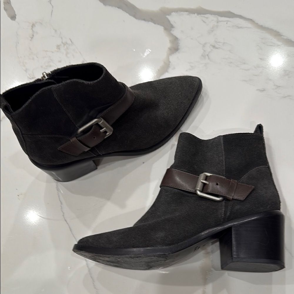 All Saints Grey Black SuedeAnkle Boots with Silver Buckle